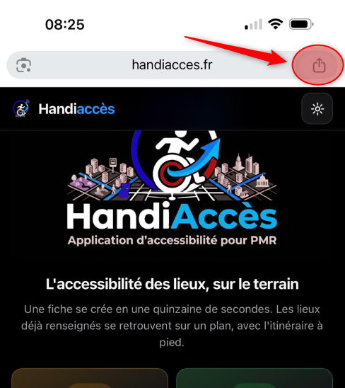 Chrome sur iPhone, le bouton Partager entouré à droite de la barre d'adresse